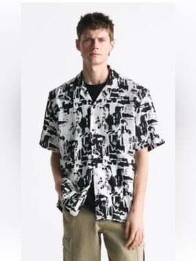Zara Linen Blend Black and White Abstract Short-Sleeve Button-Down Shirt GUC